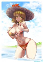 aki_minoriko bikini blonde_hair blush breasts cleavage female floral_print front-tie_top hat highres large_breasts long_hair minoriko_aki navel oo_umigarasu open_mouth partially_submerged short_hair smile solo swimsuit touhou umigarasu_(kitsune1963) wading water