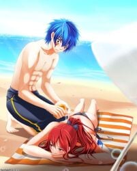 1boy1girl 8beach bikini_top_removed blue_hair blushing canon_couple embarrassed erza_scarlet fairy_tail jellal_fernandes kneeling laying_on_stomach lotion_bottle public_nudity red_hair sunbathing sunny suntan_lotion tagme wholesome