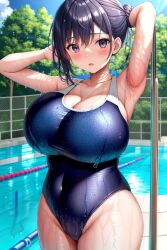 ai_generated curvy_body curvy_figure female_only huge_breasts latex_swimsuit stable_diffusion swimming_pool swimwear voluptuous_female