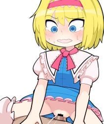 1boy alice_margatroid bar_censor blonde_hair blue_dress blue_eyes blush bow bowtie breasts censored clothed_sex commentary cookie_(touhou) cowboy_shot dress female frilled_dress frilled_sash frills hairband hospital_king ichigo_(cookie) medium_bangs open_mouth penis pink_bow pink_bowtie pink_hairband pink_sash pov pussy sash sex short_hair simple_background small_breasts solo_focus straight sweat tearing_up textless_version touhou vaginal_penetration white_background