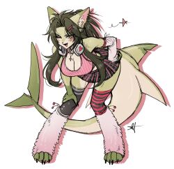 1girls 2023 anchovy_(cursedanchovy) big_breasts breasts claws cursedanchovy cute cute_fang eyebrows eyebrows_visible_through_hair female female_only freckles furry furry_only green_body green_hair headphones hybrid legwear pawpads paws shark_girl shark_tail signature tail tongue wink wolf_girl yellow_eyes