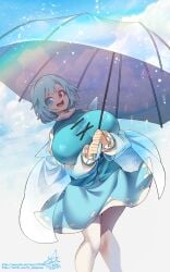 blue_eyes blue_hair blue_skirt blue_vest breasts geta heterochromia highres holding holding_umbrella huge_breasts juliet_sleeves kogasa_tatara long_sleeves oo_umigarasu puffy_sleeves red_eyes shirt short_hair skirt tatara_kogasa touhou umbrella umigarasu_(kitsune1963) vest white_shirt