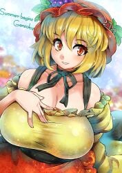 aki_minoriko bare_shoulders blonde_hair breasts cleavage collarbone english_text female female_focus food fruit gradient_background grapes hand_on_own_chest hat juliet_sleeves large_breasts long_sleeves looking_at_viewer minoriko_aki mob_cap neck_ribbon off_shoulder oo_umigarasu parted_lips puffy_sleeves red_eyes ribbon sash shirt short_hair signature skirt smile solo taut_clothes text_focus touhou umigarasu_(kitsune1963)