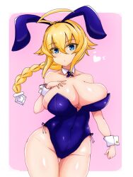 :o ahoge alternate_costume animal_ears bare_shoulders blazblue blazblue:_central_fiction blonde_hair blue_eyes braid breasts cleavage collarbone cowboy_shot cuff_links es_(xblaze) eyebrows fake_animal_ears female hair_between_eyes hair_ornament huge_breasts leotard looking_at_viewer playboy_bunny rabbit_ears single_braid solo sprout_(33510539) thighs xblaze xblaze_code:_embryo