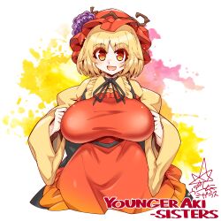 aki_minoriko apron black_neckwear black_ribbon blonde_hair breasts breasts_apart character_name english_text female food fruit grapes large_breasts long_sleeves looking_at_viewer medium_hair minoriko_aki oo_umigarasu open_mouth orange_apron orange_eyes orange_headwear ribbon shirt signature smile solo touhou umigarasu_(kitsune1963) white_background wide_sleeves yellow_shirt