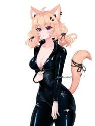 1girls blonde_hair blush bodysuit cat_ears cat_tail catgirl eyes eyes_open face_markings female full_body_suit isamaraart looking_at_viewer mouth red_eyes solo solo_female squchan_(vtuber) undressing virtual_youtuber vyugen white_background zipper