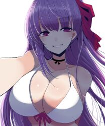 bare_shoulders bb_(fate) bb_(fate/extra) bikini blush breasts choker cleavage collarbone fate/extra fate/extra_ccc fate_(series) female grin hair_ribbon han_(jackpot) large_breasts long_hair looking_at_viewer outstretched_arm purple_eyes purple_hair ribbon selfie simple_background smile swimsuit very_long_hair white_background white_bikini