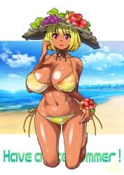 aki_minoriko alternate_headwear beach bikini blonde_hair blush bob_cut breasts cloud corsage curvy dark-skinned_female dark_skin day english_text female flower food fruit full_body grapes groin hat hat_flower hibiscus highres huge_breasts kneeling minoriko_aki ocean oo_umigarasu red_eyes shiny_skin short_hair side-tie_bikini_bottom smile solo string_bikini sweat swimsuit tan touhou umigarasu_(kitsune1963) wide_hips