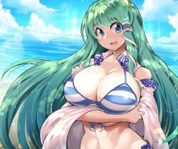 bikini blue_eyes blue_skirt blue_sky breast_hold breasts cleavage cloud cloudy_sky collarbone collared_shirt commentary_request crossed_arms curvy day detached_sleeves eyelashes female frog_hair_ornament front-tie_top green_hair hair_ornament hair_tubes head_tilt hip_focus huge_breasts kochiya_sanae long_hair looking_at_viewer midriff ocean oo_umigarasu open_mouth outdoors polka_dot polka_dot_skirt sanae_kochiya shiny_clothes shirt skirt sky smile snake_hair_ornament solo stomach striped striped_bikini striped_bikini_top sweat swimsuit tongue touhou umigarasu_(kitsune1963) upper_body white_shirt wide_hips wing_collar