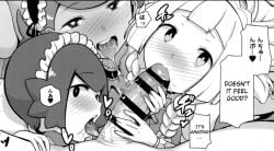 1boy 3girls blowjob collaborative_fellatio english_text female foursome kurosu_gatari lana_(pokemon) lillie_(pokemon) male mallow_(pokemon) monochrome multiple_girls pokemon seductive text