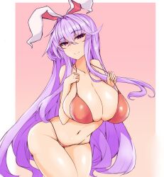 absurdres animal_ears bare_shoulders belly bikini blush bra breasts brown_bikini brown_bra brown_panties cleavage collarbone curvy female highres huge_breasts long_hair looking_at_viewer navel panties rabbit_ears red_eyes reisen_udongein_inaba smile sprout_(33510539) swimsuit thick_thighs thighs touhou underwear very_long_hair