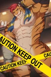 2020 abs anthro armpit_hair artist_name balls barricade_tape belt biceps black_stripes blue_bottomwear blue_clothing blue_shorts body_hair bottle bottomwear censored censored_genitalia clothing container elbow_pads english_text felid fur furry genitals gloves grey_eyes gym hair hand_behind_head handwear male mammal muscular muscular_anthro muscular_male nipples nude obliques orange_body orange_fur pantherine pecs penis police_tape red_hair samba_(sbt) shorts sollyz solo stripes text tiger towel_on_shoulder wraps wrist_wraps