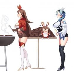 amber_(genshin_impact) baron_bunny_(genshin_impact) blue_hair brown_hair dragonwing29876 eula_(genshin_impact) genshin_impact overeating