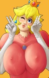 1girls alternate_breast_size aphrodos big_breasts blonde_hair blue_eyes blush dick_sucking_lips double_v eyebrows eyelashes female female_only large_breasts light-skinned_female light_skin lipstick looking_at_viewer mario_(series) nintendo nipples princess_peach simple_background solo v yellow_background