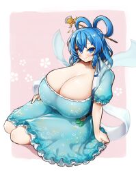 absurdres blue_dress blue_eyes blue_hair blush breasts cleavage collarbone dress female flower gigantic_breasts hagoromo hair_ornament hair_rings hair_stick highres huge_breasts ichika_(ichika_manga) looking_at_viewer open_clothes open_vest puffy_short_sleeves puffy_sleeves seiga_kaku shawl short_hair short_sleeves simple_background sitting smile solo thighs touhou vest yokozuwari