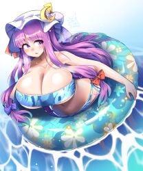 bikini breasts cleavage crescent crescent_hat_ornament curvy female hat_ornament highres huge_breasts long_hair oo_umigarasu open_mouth patchouli_knowledge purple_eyes purple_hair solo strapless strapless_bikini swimsuit touhou umigarasu_(kitsune1963) very_long_hair wide_hips