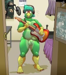 absurd_res anthro avian balls beak bedroom belly belly_overhang bird blue_hair blush bodily_fluids chubby_male denlusty electric_guitar embarrassed feathers flaccid genitals green_body green_feathers guitar hair headphones hi_res male microphone musical_instrument nude open_door parrot patrigue penis pixies_(band) plucked_string_instrument slightly_chubby solo story_at_source string_instrument surprise sweat talons the_beatles watermark