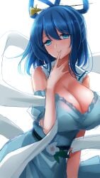 \||/ absurdres adapted_costume blue_dress blue_eyes blue_hair breasts cleavage dress female finger_to_mouth hair_ornament hair_rings hair_stick highres hisin huge_breasts off-shoulder_dress off_shoulder seiga_kaku shawl simple_background solo touhou vest white_background white_vest