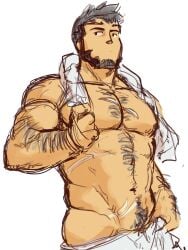 balls bara beard body_hair chest_hair dark_hair facial_hair fire_emblem fire_emblem_engage male male_only mauvier_(fire_emblem) muscles muscular nintendo penis piikeisandaa solo solo_male towel towel_around_neck towel_around_waist