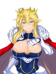 1girls ahoge artoria_pendragon artoria_pendragon_(lancer) blonde_female blonde_hair blush braid breasts cape cleavage cleavage_cutout closed_mouth clothing_cutout covered_navel crown fate/grand_order fate_(series) female female_only french_braid fur_trim gauntlets green_eyes highres huge_breasts long_hair looking_at_viewer smile solo solo_female sprout_(33510539) swept_bangs upper_body