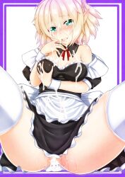 after_sex after_vaginal alternate_costume apron black_dress blonde_hair blush breasts commentary_request cum cum_in_pussy cum_on_body cum_on_breasts cum_on_clothes dress ebi_193 enmaided facial female grabbing green_eyes looking_at_viewer maid mizuhashi_parsee open_mouth panties pointy_ears pussy_juice solo spread_legs thighhighs touhou underwear waist_apron white_thighhighs