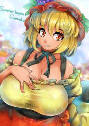 aki_minoriko bare_shoulders blonde_hair breasts cleavage collarbone english_text female female_focus food fruit gradient_background grapes hand_on_own_chest hat huge_breasts juliet_sleeves long_sleeves looking_at_viewer minoriko_aki mob_cap neck_ribbon off_shoulder oo_umigarasu parted_lips puffy_sleeves red_eyes ribbon sash shirt short_hair signature skirt smile solo tan taut_clothes text_focus touhou umigarasu_(kitsune1963)