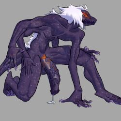 absurd_res anthro clawed_fingers claws ejaculating_cum foreskin genitals hair hi_res male male_only monster multi_arm multi_limb muscular penis sharp_teeth solo teeth thecore34 toe_claws vein veiny_penis white_hair