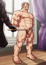 alois_rangeld balls bara blush boner byleth_(fire_emblem) byleth_(fire_emblem)_(male) erection facial_hair fire_emblem fire_emblem:_three_houses hands_behind_back male male_only muscles muscular nintendo nude penis precum solo_focus standing zelo-lee