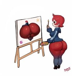 2023 arezu_(pokemon) ass big_ass breasts gigantic_breasts gigantic_butt huge_ass huge_butt nintendo painting pokemon pokemon_dppt red_hair sath15 tight_pants