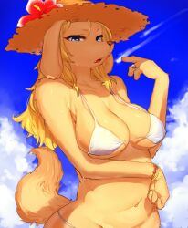 2016 4_fingers anthro big_breasts bikini blonde_hair blue_eyes bodily_fluids bracelet breasts brown_nose canid canine canis cleavage clothed clothing cloud digital_media_(artwork) domestic_dog fangs female fingers flower furry furry_only hair half-closed_eyes hat headgear headwear hibiscus jewelry kemono long_ears long_hair looking_at_viewer mammal narrowed_eyes navel outside plant ring shaded simple_background sky snout solo straw_hat suurin_(ksyaro) sweat swimwear teeth