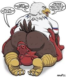 2022 69_position accipitrid accipitriform all_fours american_eagle anal_request anthro anus ass avian bald_eagle bird clothing dialogue digital_media_(artwork) dragon duo eagle english_text fifa hi_res imminent_anal looking_back lying male male/male nanoff on_back oral oral_request pantsless presenting presenting_anus presenting_hindquarters rear_view rimming_request scalie sea_eagle sex simple_background soccer_uniform sportswear spread_legs spreading tail text topwear uniform united_states_of_america wales welsh_dragon world_cup