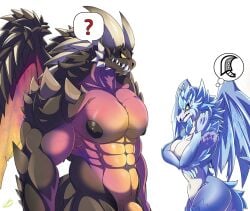 abs anthro anthro_only biceps breasts capcom claws confused contemplating curvy_figure dragon duo elder_dragon female genitals horn male male/female monster_hunter moobs muscular muscular_anthro muscular_male nergigante nipples nude pecs penis penis_base scales scalie serratus triceps vein veiny_penis velkhana zaqiizawa