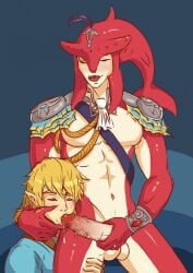 acecream blowjob blowjob_face breath_of_the_wild cum cum_drip cum_dripping cum_in_mouth cum_on_face gay link prince_sidon sidon_(zelda) the_legend_of_zelda yaoi