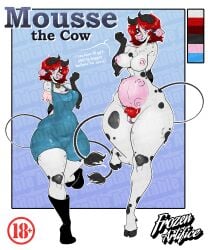 absurd_res anthro anthro_female anthro_focus anthro_only anthrofied areola ass belly big_breasts big_butt blue_eyes bodily_fluids bovid bovine breasts cattle clothed clothing curvy_figure digital_media_(artwork) english_text erect_nipples female frozenartifice fur furry furry_ass furry_breasts furry_female furry_only furry_tail genitals hair hi_res hooves horn hourglass_figure lactating looking_at_viewer mammal mayternity milk nipples nude overalls pregnant pussy red_hair shirt simple_background small_waist smile standing tail teats text thick_thighs topwear udders white_body white_fur wide_hips