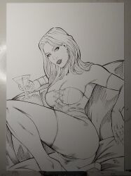 big_breasts black_and_white breasts cleavage corset emma_frost marvel marvel_comics matthenrystudio thong thong_panties white_queen x-men