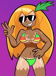 1girls big_breasts bikini dark_skin dark_skinned_female diego_mejia female female_only green_bikini grin hand_on_hip huge_breasts large_breasts long_hair looking_at_viewer navel orange_hair pineapple_toppin pizza_tower purple_background smile solo striped_bikini sunglasses tan_body thick_thighs toppin_gals toppin_gals_minus8 v_sign wide_hips