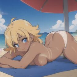 1girls ai_generated ass_raised beach blonde_hair blue_eyes female female_only small_image solo tan_lines topless