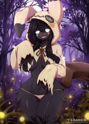 1girls anthro big_breasts black_hair blush breasts detailed_background empty_eyes female female_only hoodie long_hair looking_at_viewer mimikyu nintendo open_mouth pokemon pokemorph solo teranen thick_thighs white_hair wide_hips wide_sleeves