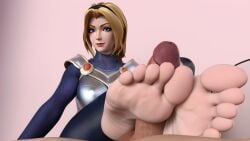 1boy 1girls 3d barefoot blonde_hair blue_eyes dominant_female feet female foot_fetish foot_focus footjob league_of_legends light-skinned_female looking_at_viewer luxanna_crownguard male painted_toenails penis shaohuu soles toes