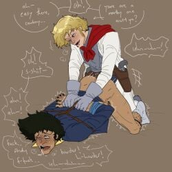 2boys absurd_res anal andy andy_(cowboy_bebop) bispikespiegel_(artist) bondage bound cowboy_bebop english_text gay gay_domination gay_sex male moaning plap ram_ranch rope sex spike_spiegel text yaoi