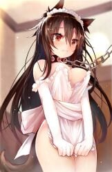 chain_leash chains collar efe enmaided impossible_clothes kagerou_imaizumi maid_headdress naked_apron slave slavegirl touhou tugging_clothing