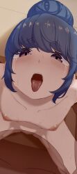 1boy blue_hair blush breasts completely_nude female hair_bun highres hug looking_at_viewer nipples nude open_mouth pov purple_eyes r-man shima_rin single_hair_bun sitting small_breasts straight sweat tears tongue tongue_out x-ray yurucamp