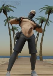 1boy beach clothing fortnite kohlex looking_at_viewer looking_down looking_down_at_viewer low-angle_view male male_only mask muscular muscular_male penis shirt_lift shore_leave solo tight_clothing