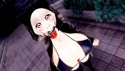 3d 3d_(artwork) big_breasts blush bra breasts female high_heels hoodie huge_breasts jeff_the_killer_(ai) light_skin looking_at_viewer lucas_kostaway massive_breasts nipple_bulge nipples pale_skin smile street thick_thighs