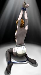 1girls arm_cuffs bondage diaper female freckles leg_cuffs messy_diaper morpheus_(artist) spreader_bar stockings topless topless_female wet_diaper