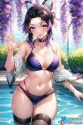 1girls ai_generated bikini black_hair breasts demon_slayer female female_only in_pool in_water kimetsu_no_yaiba kochou_shinobu looking_at_viewer medium_breasts medium_hair mommy multicolored_hair osyasenpai outdoors partially_submerged purple_eyes purple_hair solo solo_female stable_diffusion swimsuit thighs