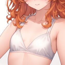 1girls ai_generated bra breasts breasts_focus curly_hair eyes_hidden female female_focus flat_chest freckles freckles_on_breasts hidden_eyes orange_hair petite small_breasts smiling solo solo_female white_bra