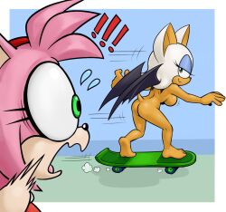 !!! 2girls amy_rose ass breasts completely_nude completely_nude_female female female_only full_body looking_at_another looking_back mario-grant naked naked_female nude nude_female rouge_the_bat shocked skateboard skateboarding smile sonic_(series) surprised