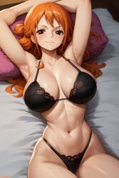 1girls ai_generated amiral_ai armpits arms_up bra breasts cleavage female female_only large_breasts light-skinned_female light_skin lingerie long_hair nami nami_(one_piece) one_piece orange_hair panties post-timeskip presenting_armpit thighs