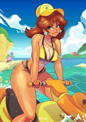 1girls beach bikini bimbo blue_eyes breasts brown_hair clouds earrings flower_earrings grand-sage hat jetski large_breasts lifeguard looking_at_viewer mario_(series) medium_hair midriff navel nintendo ocean outside pianta pinna_park princess_daisy sky super_mario_bros. super_mario_sunshine swimsuit tan_body tanline tanned_female tanned_skin tombo tomboy water whistle whistle_around_neck yellow_bikini yellow_swimsuit